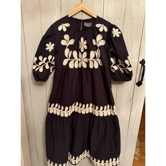 Anthropologie Embroidered Puff Sleeve Dress Floral Cotton Black Ivory XL Worn 1X - Picture 4 of 11